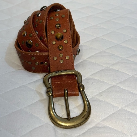 Michael Kors Brown Boho Wide Genuine Leather Beaded Studded Belt Buckle Size L - Picture 1 of 12